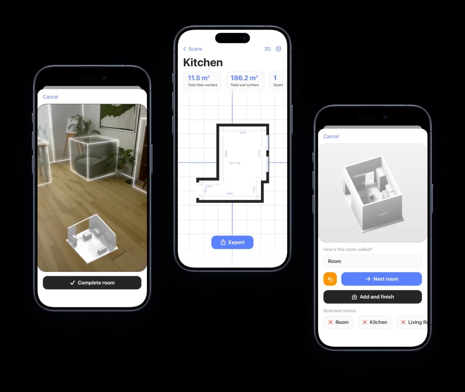 Room Scanner app showing 3D room scans and floor plans on iPhone